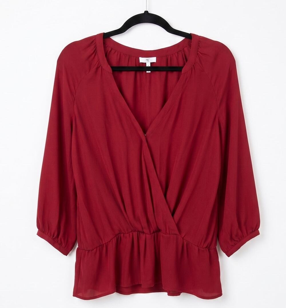 Joie Burgundy Sheer Surplice V-Neck Long Sleeve Blouse Women's M